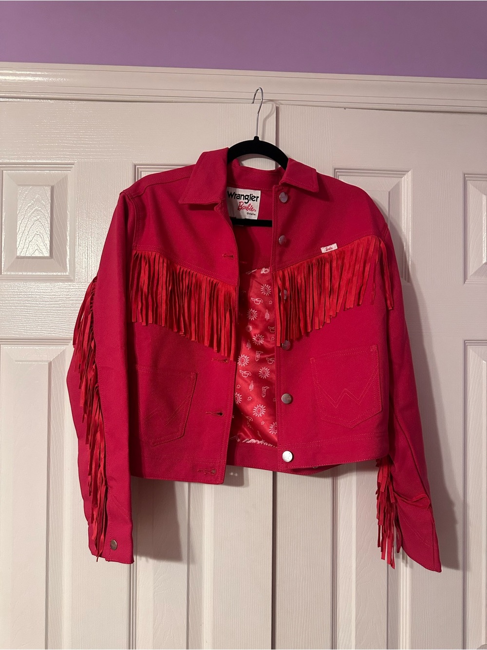Barbie x Wrangler Women’s Hot Pink Fringe Denim Jacket